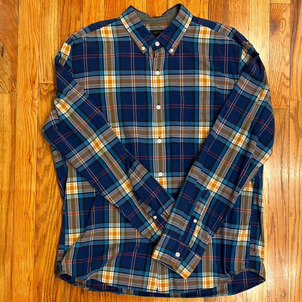 J Crew Long Sleeve Button Down Shirt Tartan Plaid Blue Slim Size Large